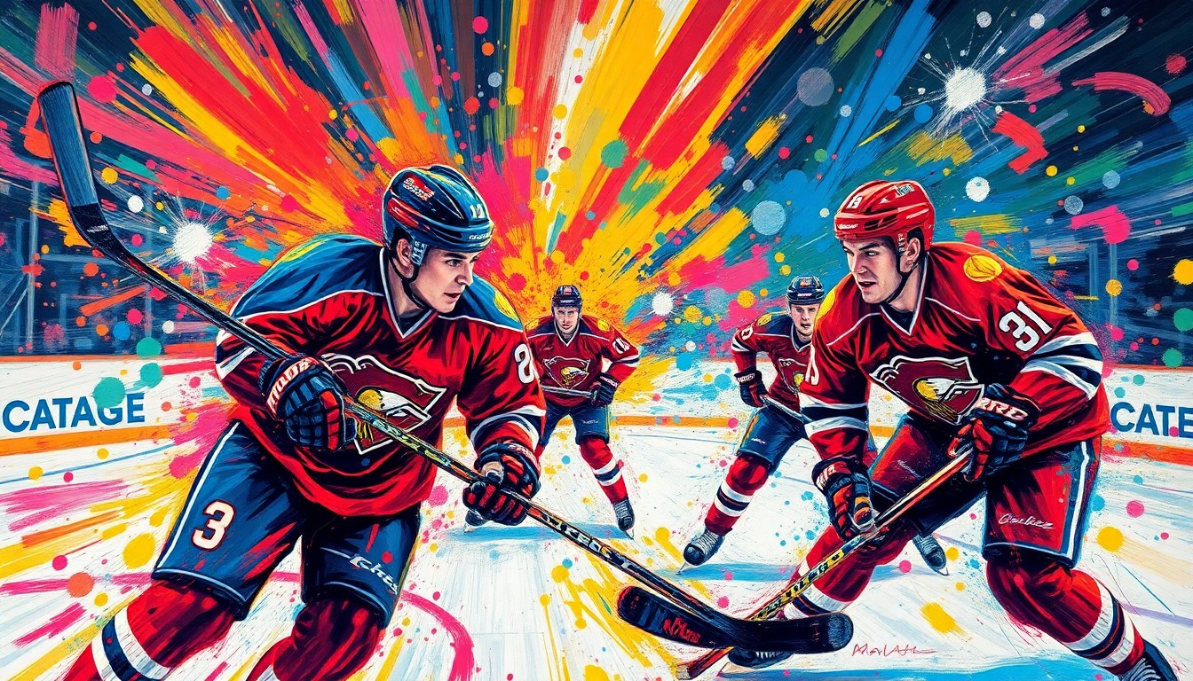 A vibrant, expressionist painting in neon colors depicting the frenetic action of a hockey game, with players' forms blending into a chaotic swirl of brushstrokes and shapes.