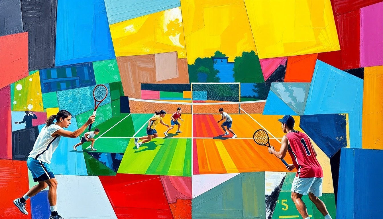 A fragmented, cubist-style painting depicting the overlapping movements and perspectives of a high school sports competition, with vibrant colors representing the teams' uniforms.