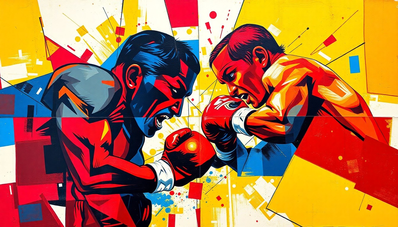 A fractured, geometric painting in vibrant colors depicting the intense action and movement of the Martinez vs. Williams boxing match, with the fighters' forms deconstructed into sharp, overlapping planes.