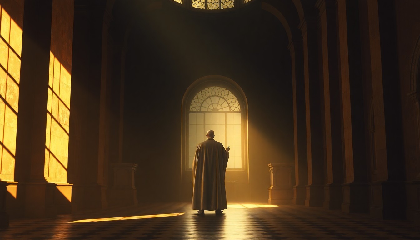 A solitary, contemplative figure of Pope Leo XIV standing alone in a dimly lit church interior, the warm sunlight casting deep shadows and creating a pensive, cinematic atmosphere.