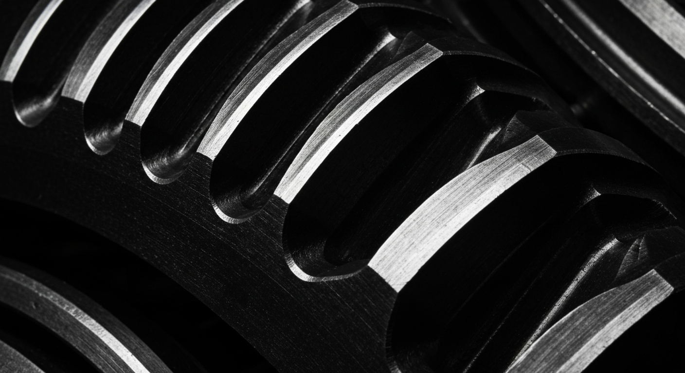 An extreme close-up of a highly textured metal surface, such as a gear or engine component, in dramatic lighting that highlights the intricate patterns and raw materials of automotive engineering.