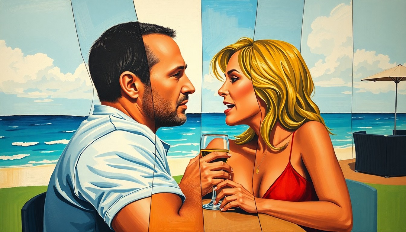 A cubist, geometric painting depicting the encounter between Patriots coach Mike Vrabel and former reporter Dianna Russini, with sharp, overlapping planes of color and form representing the multifaceted nature of the story.