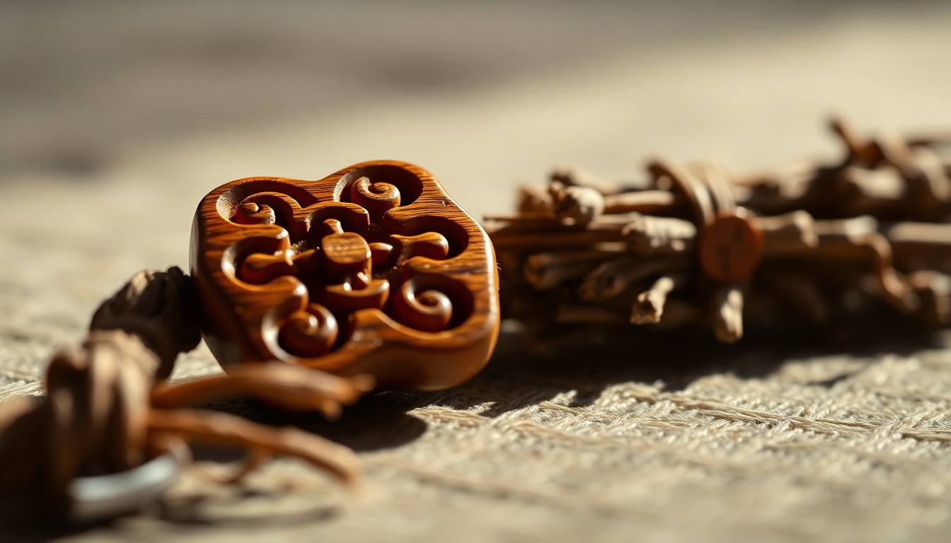 An extreme close-up of a traditional healing tool, such as a carved wooden amulet or a bundle of dried herbs, captured in dramatic, high-contrast studio lighting to create a glitzy, high-fashion aesthetic, conceptually representing the debate over the authenticity of traditional healing methods.