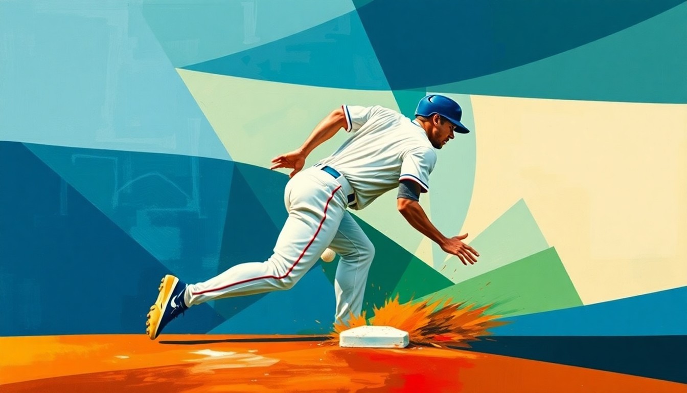 A fragmented, geometric painting depicting a baseball player sliding into a base, the figure broken down into sharp, overlapping planes of color, capturing the dynamic motion and energy of the sport.