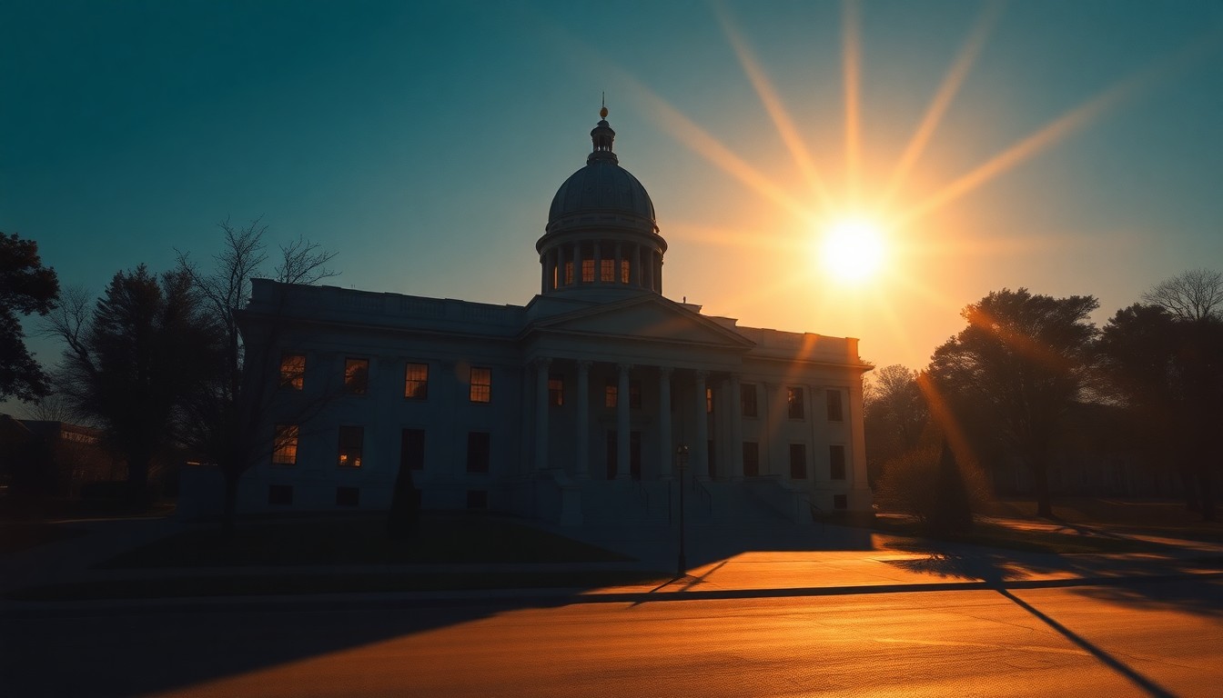 A serene, painterly image of the Georgia state capitol building, with warm sunlight and deep shadows creating a contemplative mood around the iconic structure.