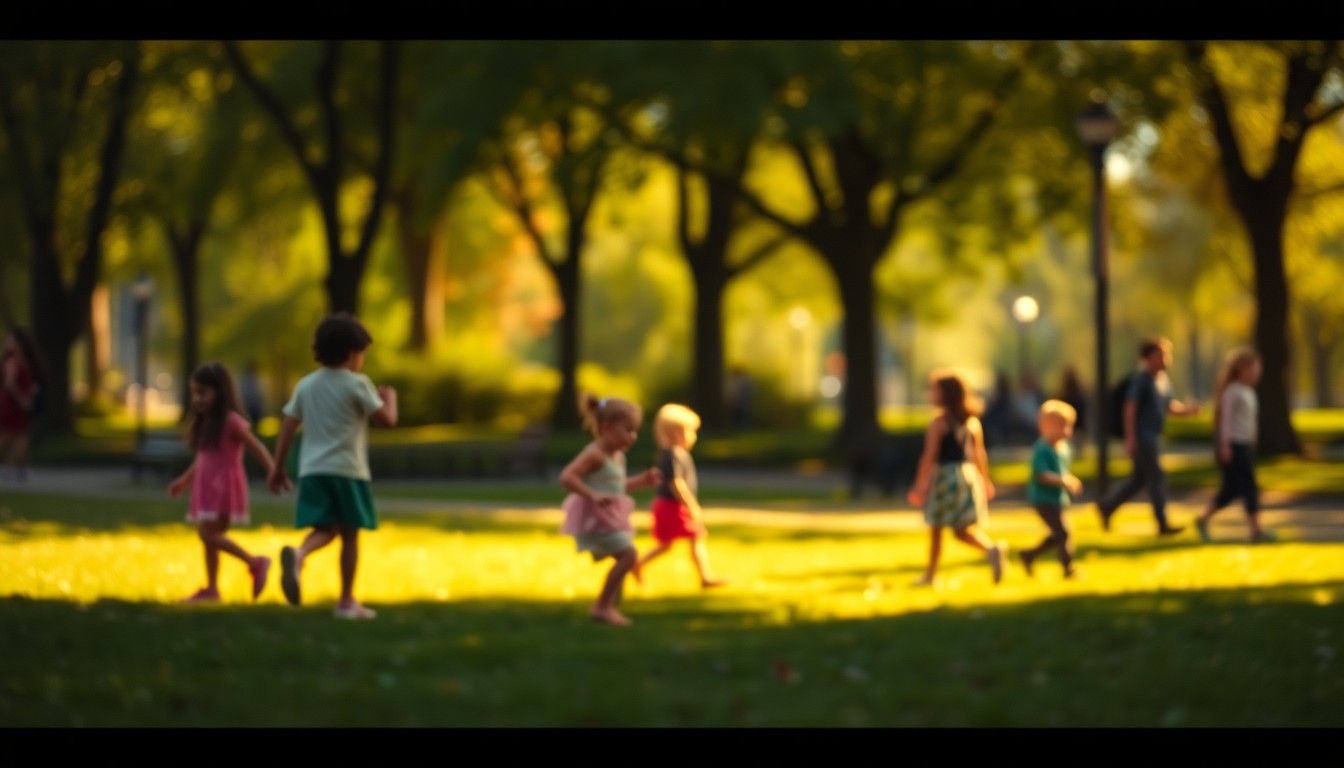 An abstract, impressionistic photograph of children playing in a park, with blurred figures and vibrant splashes of color and light, conveying the energy and joy of summer camp.