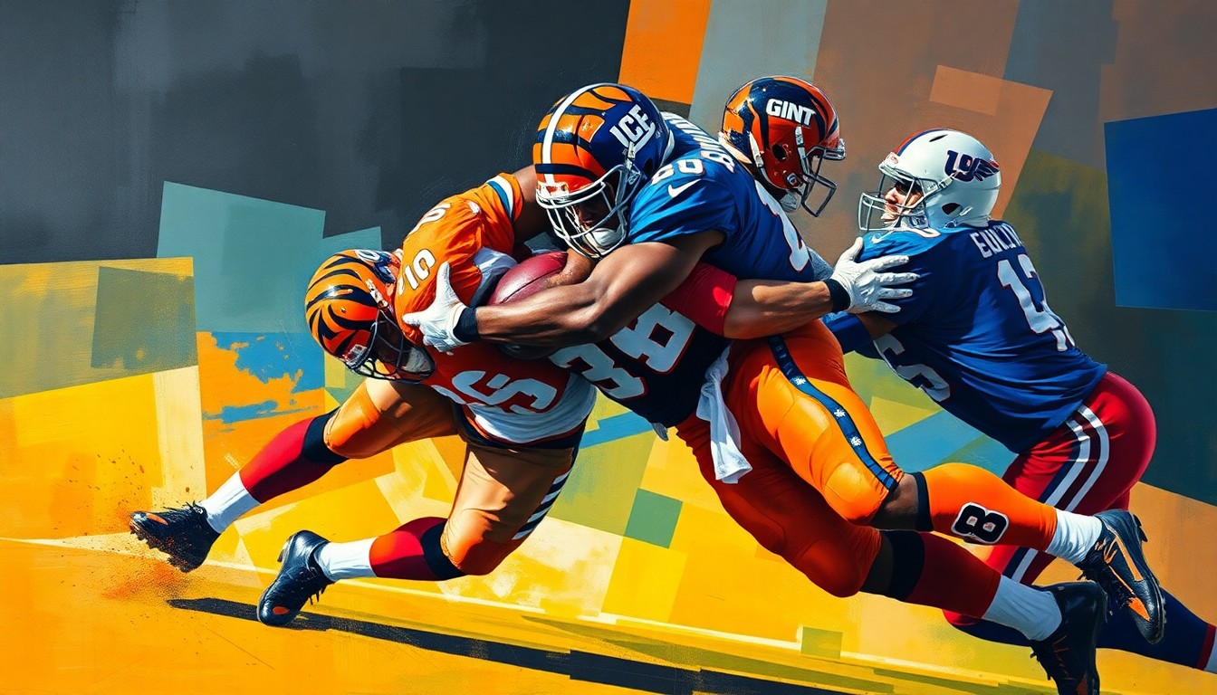 A cubist-style painting depicting a defensive lineman's tackle broken down into sharp, overlapping geometric shapes in the colors of the Bengals and Giants uniforms.