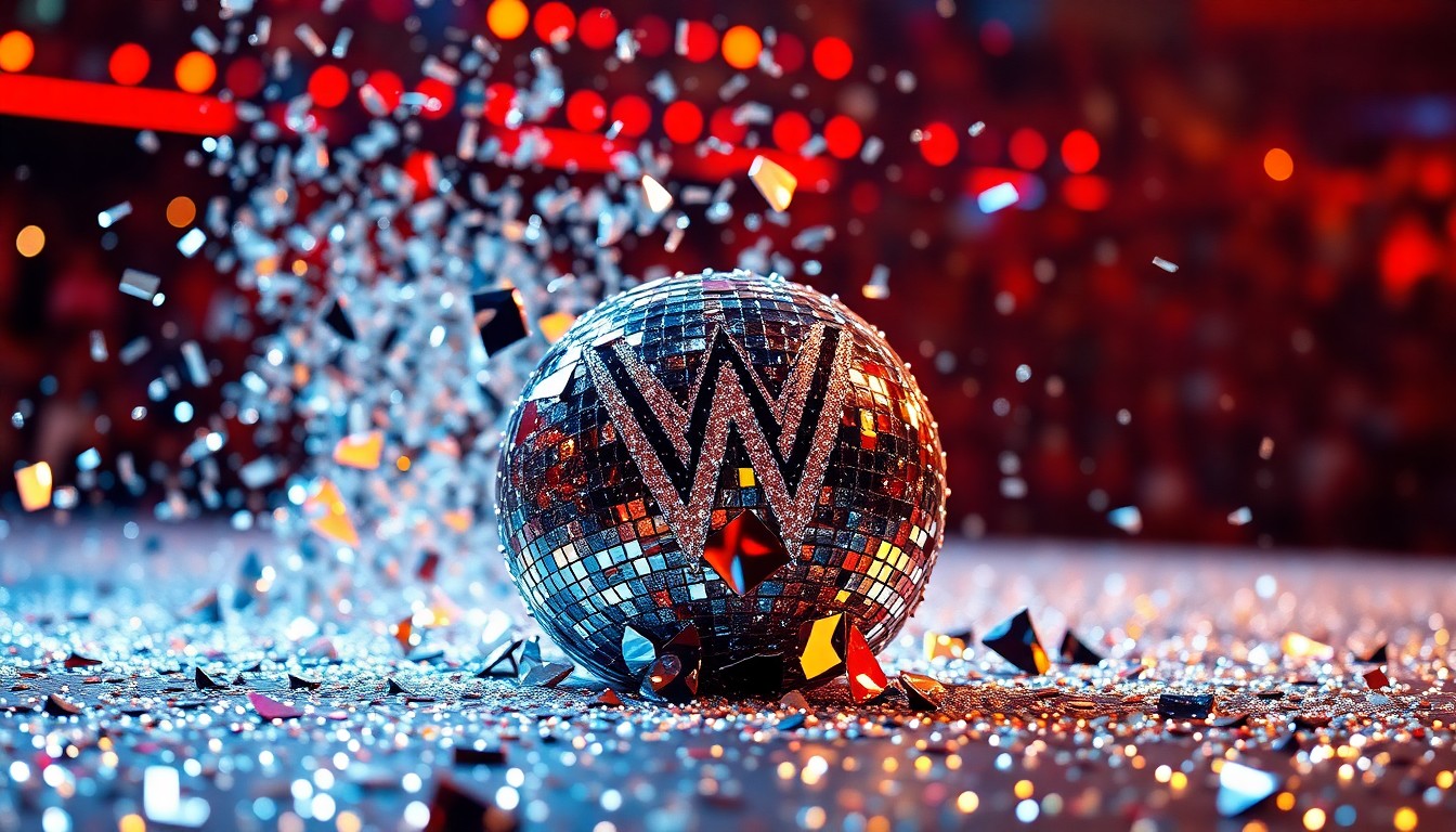 An abstract close-up image of sparkling, shattered glass and sequins, conveying the glamour and energy of a major WWE event.