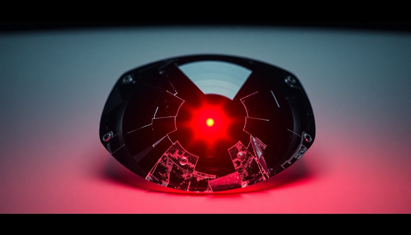 An extreme close-up of a shattered car sensor lens reflecting a faint red light, conceptually illustrating the vandalism of self-driving cars.