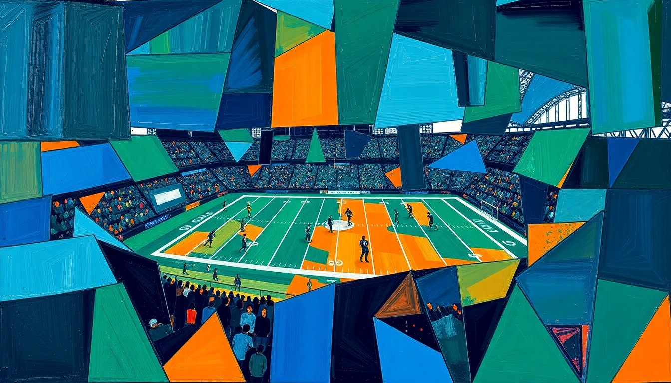 A fragmented, cubist-style painting depicting a football game broken down into sharp, overlapping geometric shapes in navy, green, and orange, conveying the unpredictable and dynamic nature of the upcoming NFL Draft.