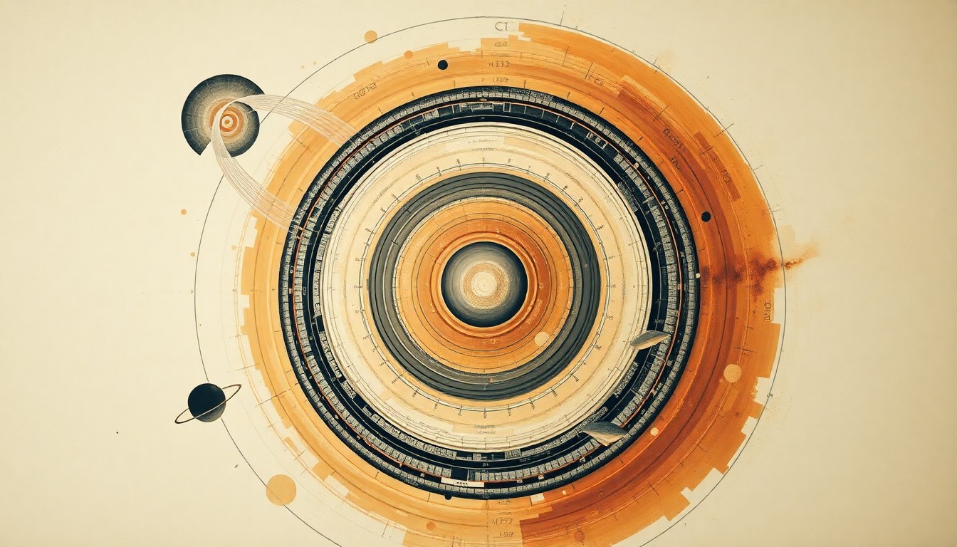 A bold, abstract painting featuring sweeping geometric shapes, concentric circles, and precise spirals in earthy tones, conceptually representing the structural patterns that could emerge from the spread and terraforming effects of extraterrestrial life across a planetary system.