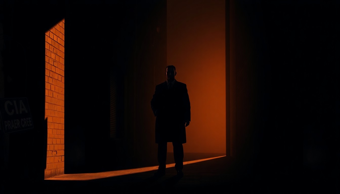 A cinematic painting of a lone figure in a dark urban alley, bathed in warm diagonal sunlight and deep shadows, evoking a sense of nostalgia and the weight of historical decisions.