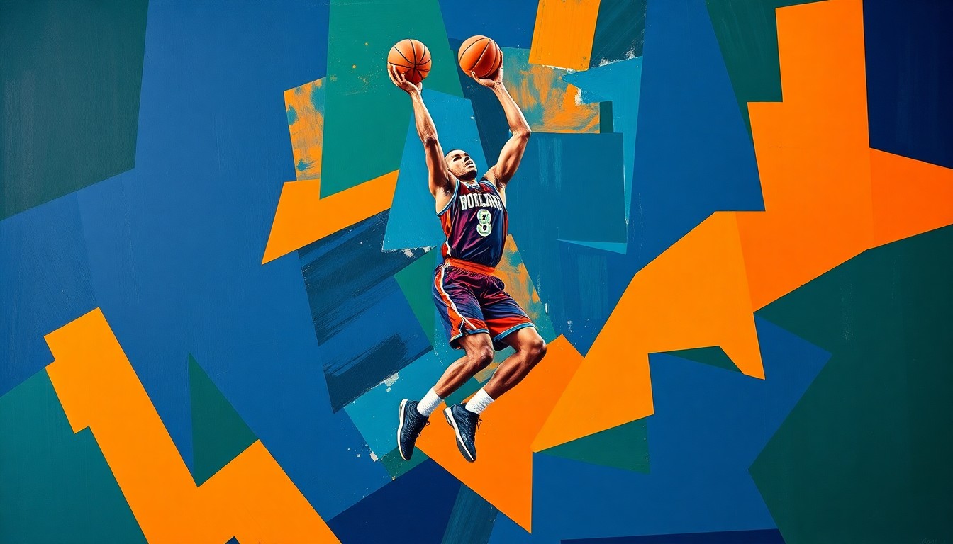 A fragmented, geometric painting depicting a college basketball player in mid-jump shot, with sharp planes of navy, orange, and green overlapping to create a dynamic, abstract composition.