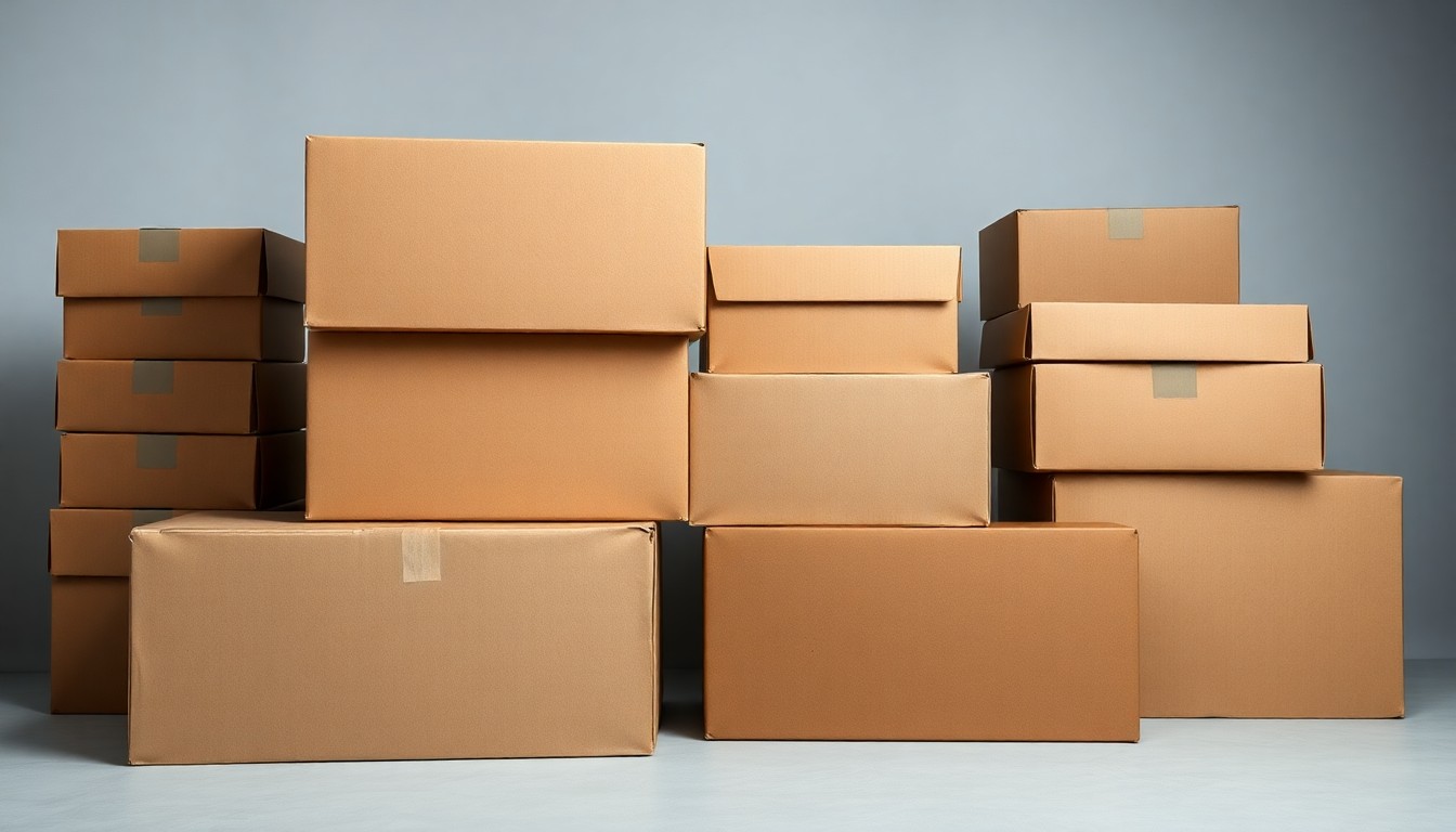A photorealistic studio still life featuring a stack of premium, matte-finish cardboard boxes in various shades of brown and gray, conceptually representing the raw materials and packaging products of the containerboard industry.