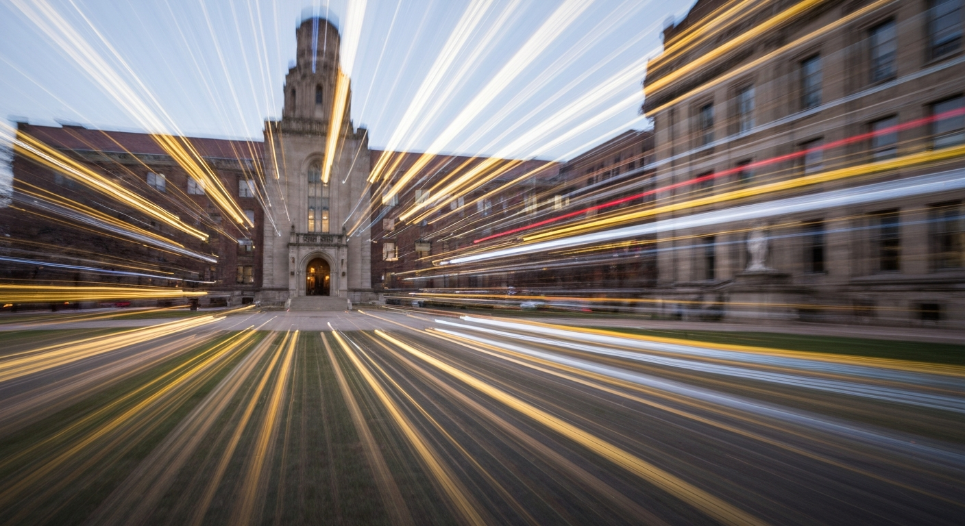 Heavily blurred, sweeping brushstrokes of vibrant colors representing the University of Michigan campus, conveying a sense of motion and change.