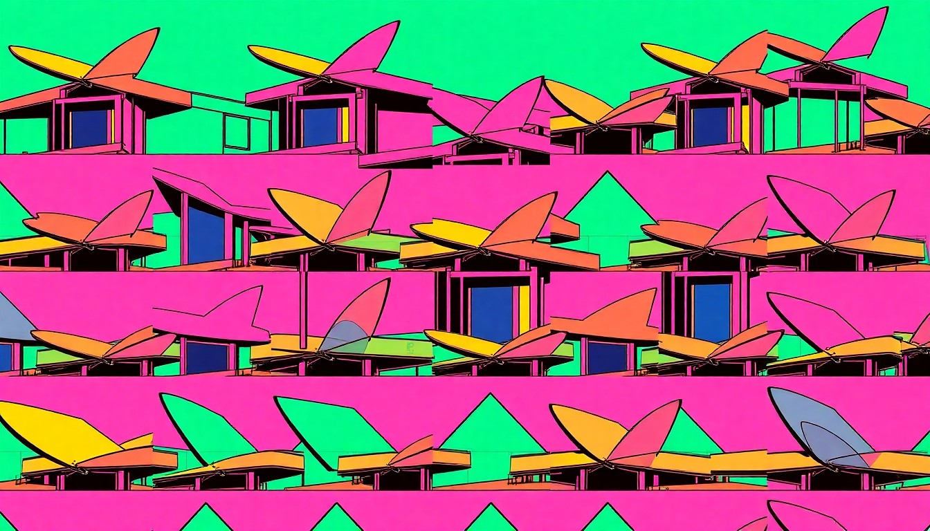A grid of brightly colored, high-contrast silkscreen prints depicting the iconic butterfly roof of a midcentury modern home, conceptually representing the enduring appeal of this architectural style.