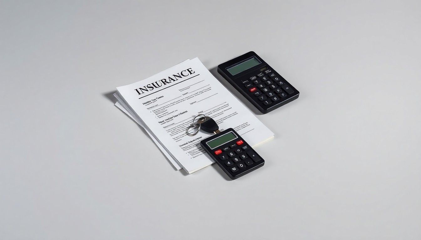 A high-end, photorealistic studio still-life photograph featuring a stack of car insurance documents, a car key, and a calculator arranged elegantly on a clean, monochromatic background, conceptually representing the complex financial considerations around car insurance discounts.