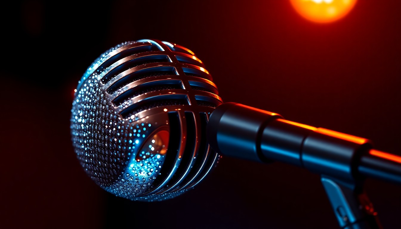 An extreme macro photograph of the metallic surface of a microphone, reflecting dramatic studio lighting to create a high-contrast, glamorous texture that evokes the energy and artistry of the music industry.