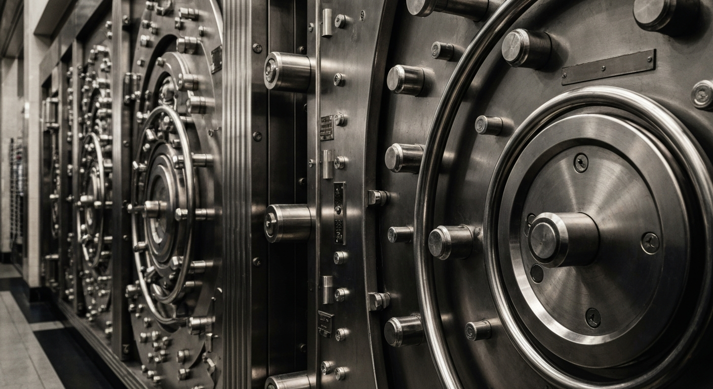 An extreme close-up of heavy, metallic banking equipment and machinery, conveying a sense of institutional power and the tangible infrastructure that underpins the global economy.