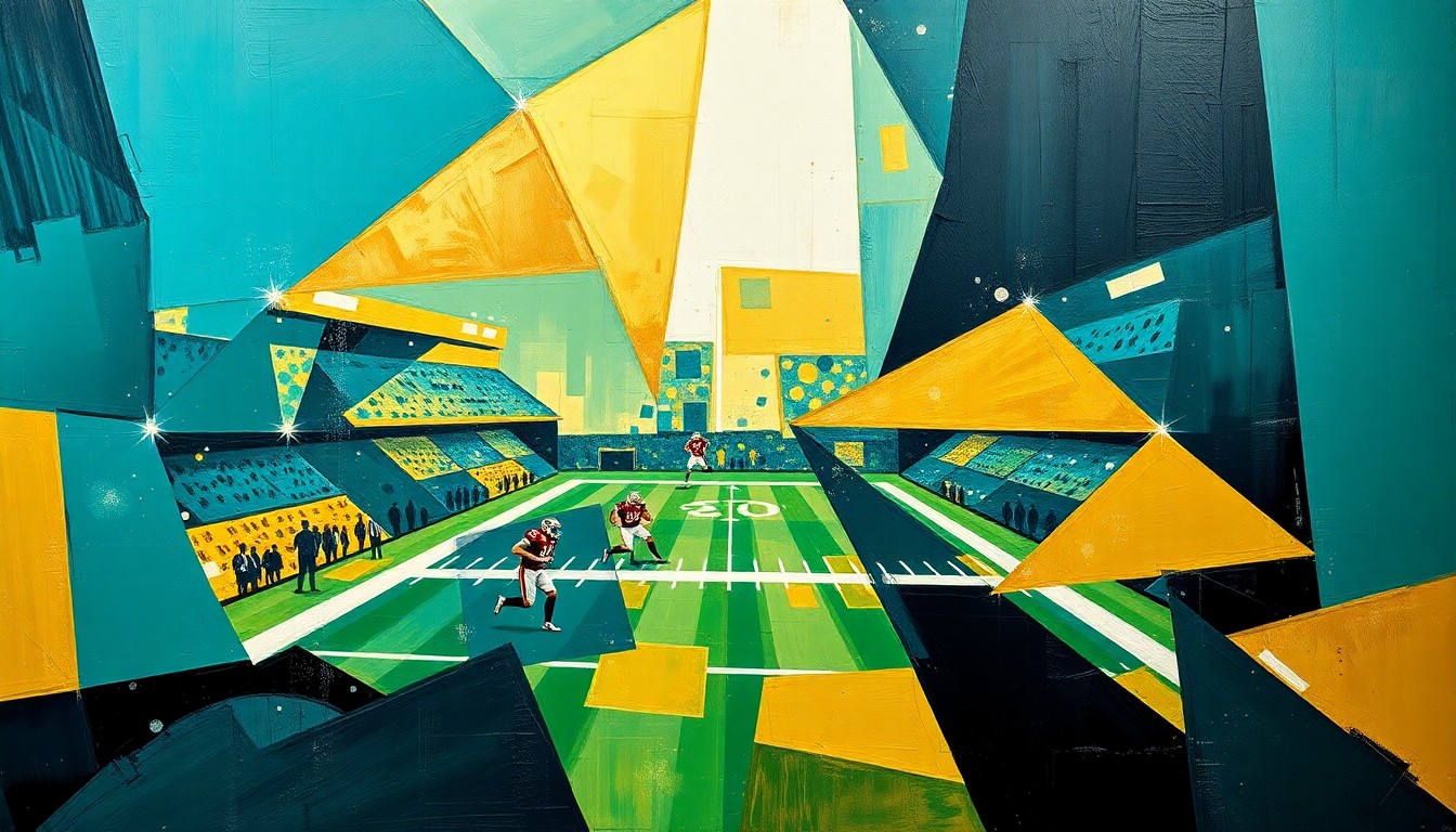 A fractured, cubist-style painting depicting a football game broken down into sharp, overlapping geometric shapes in teal, gold, and black, conceptually representing the Jaguars' strategic draft approach.