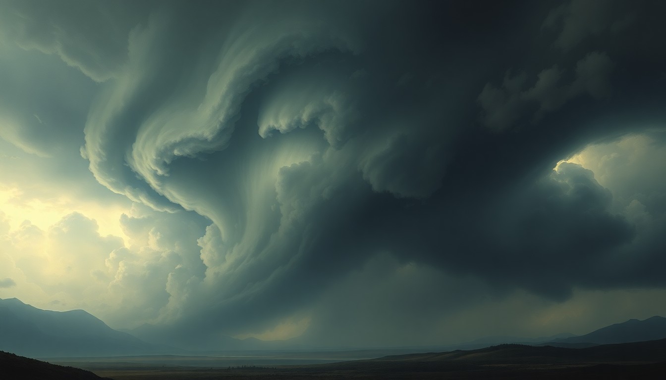 A vast, atmospheric landscape painting depicting an approaching hurricane, with dark, swirling clouds dominating the scene and dwarfing any physical structures or objects in the distance, conveying the overwhelming, sublime scale of the natural disaster.