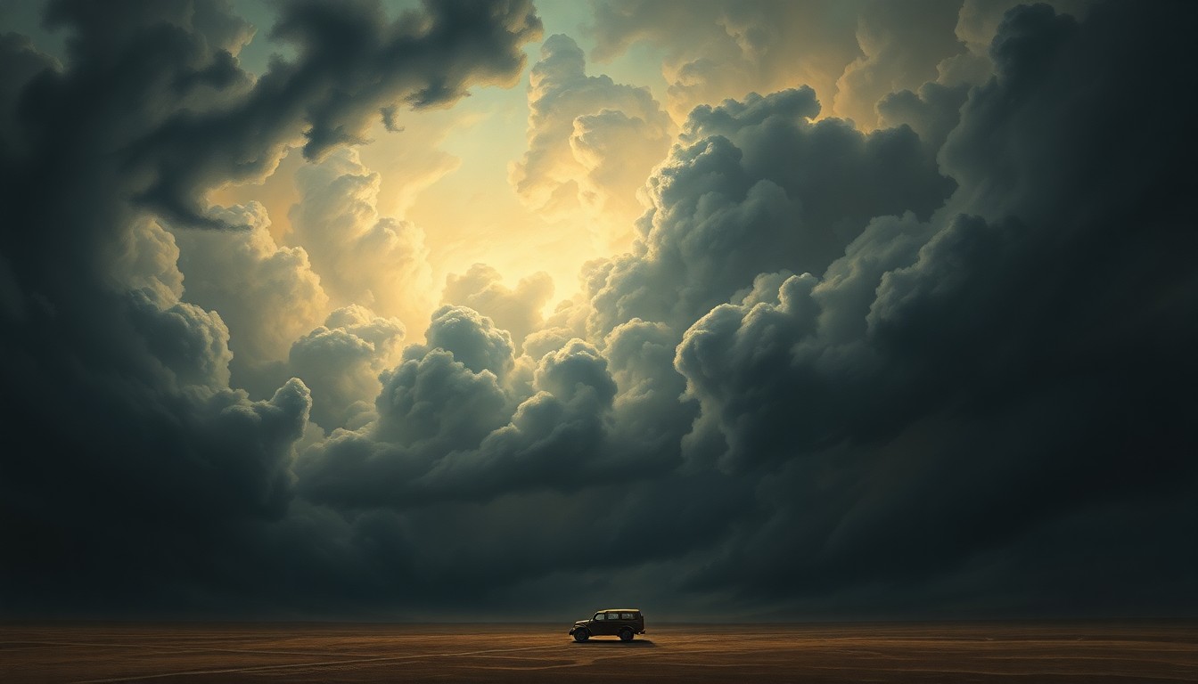 A sweeping, atmospheric landscape painting in muted tones of grey, blue, and orange, with a small, isolated structure or vehicle dwarfed by the dramatic, stormy sky above, conveying the overwhelming power and scale of a hurricane.