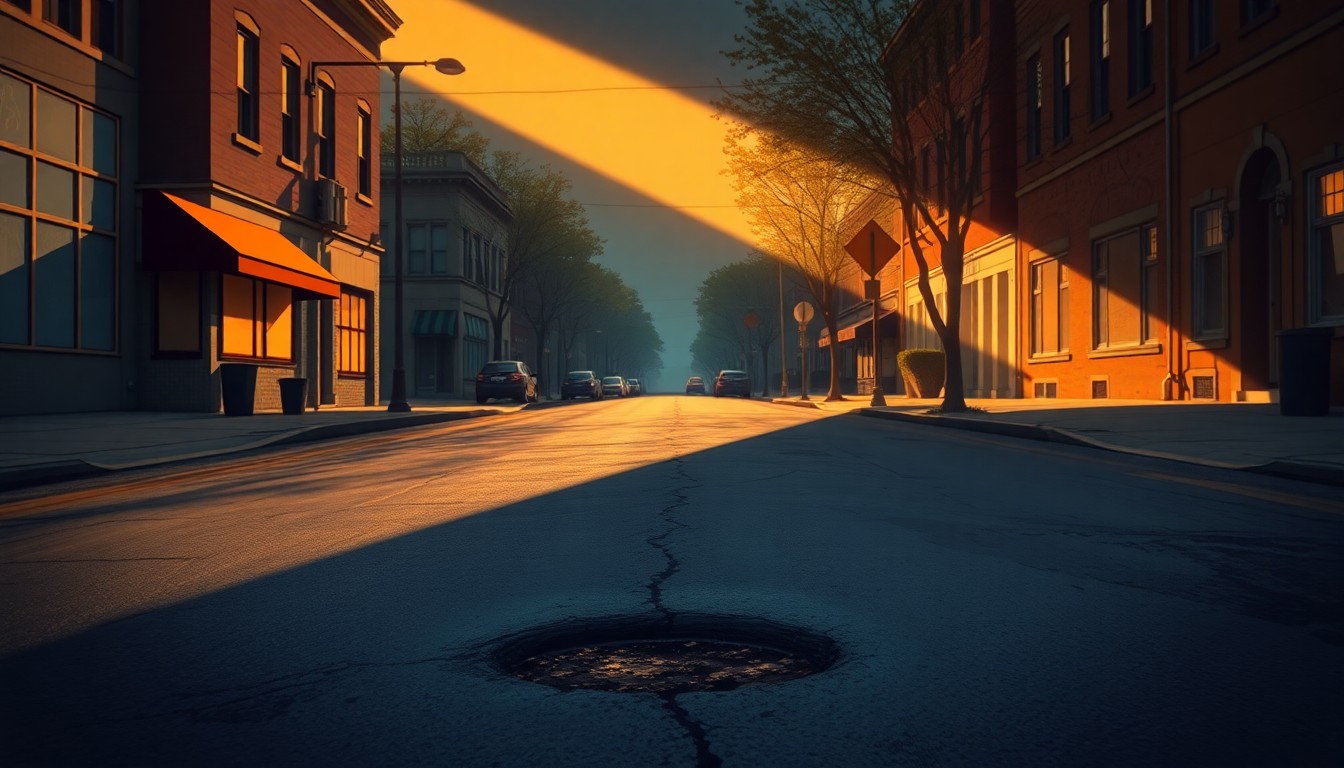 A photorealistic painting of an empty city street in Chillicothe, Ohio, with a single pothole or cracked pavement in the foreground as the focal point, bathed in warm, diagonal sunlight and deep shadows, conveying a sense of urban decay and the need for infrastructure investment.