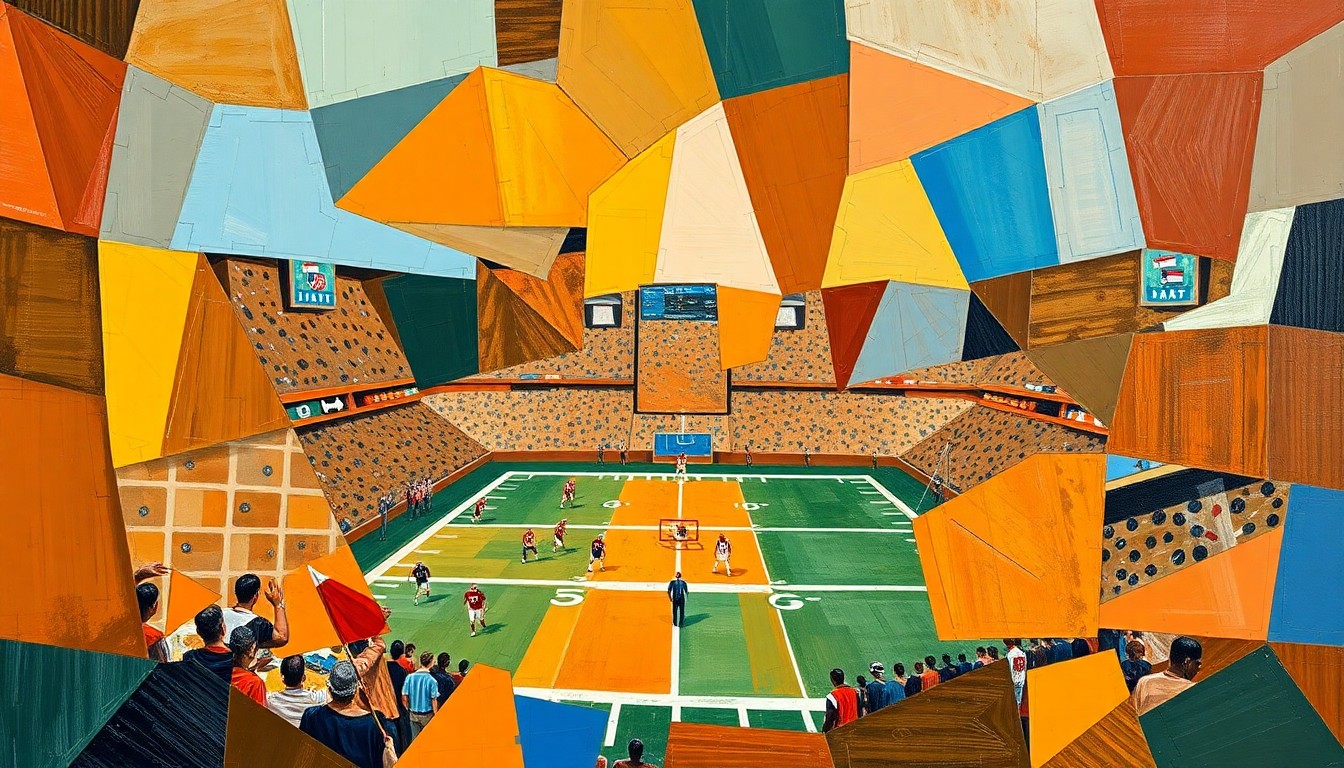A fragmented, geometric painting depicting an abstract football scene, with sharp planes of color and shape representing the complex choices the Browns face in addressing their wide receiver needs.
