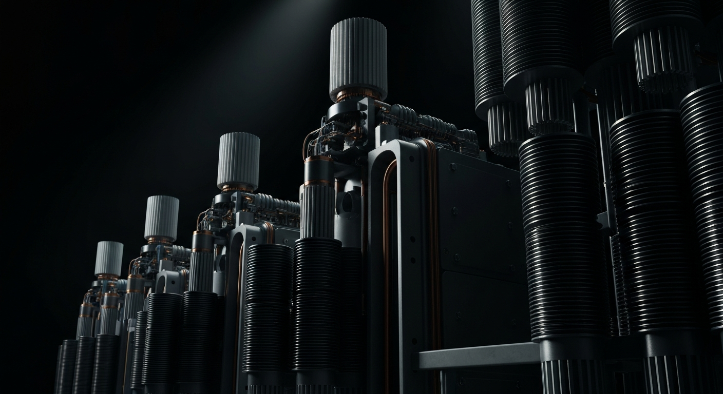 An extreme close-up of intricate, heavy industrial telecommunications equipment and machinery, conveying the complex, capital-intensive nature of the wireless tower business.