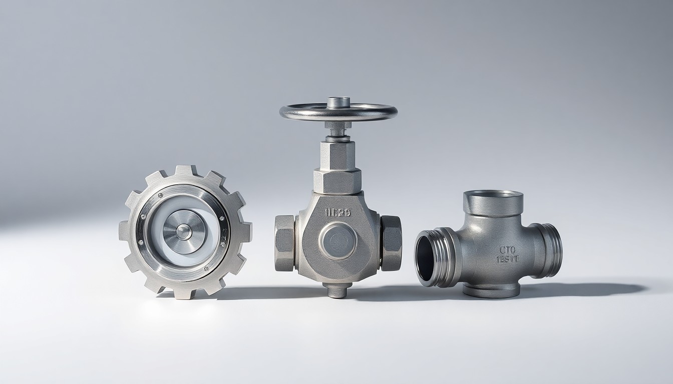 A photorealistic studio still life featuring polished metal industrial components arranged elegantly on a clean, monochromatic background, conceptually representing the abstract financial and strategic aspects of the Dover Corporation business.