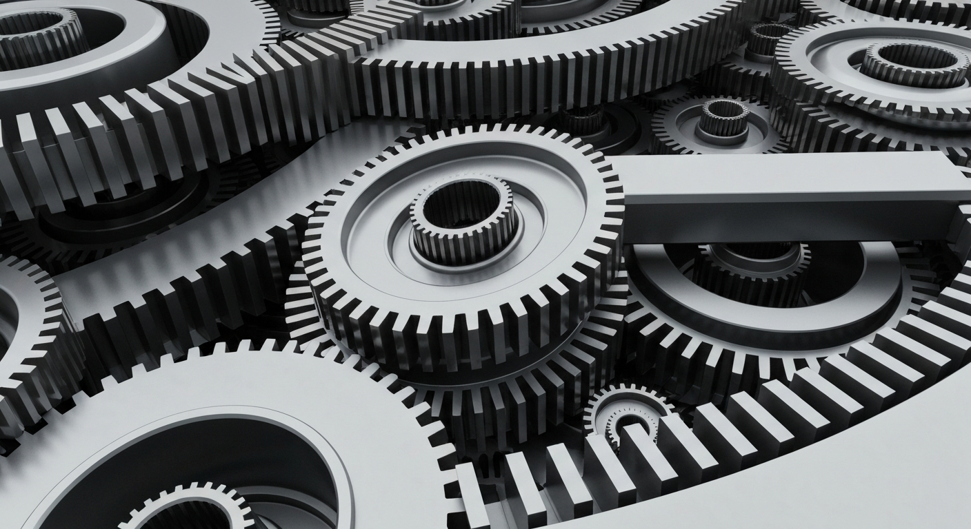 An extreme close-up of intricate, polished metal gears and machinery in shades of silver, steel, and gunmetal grey, conceptually representing the complex financial infrastructure and institutional investment that powers the semiconductor industry.