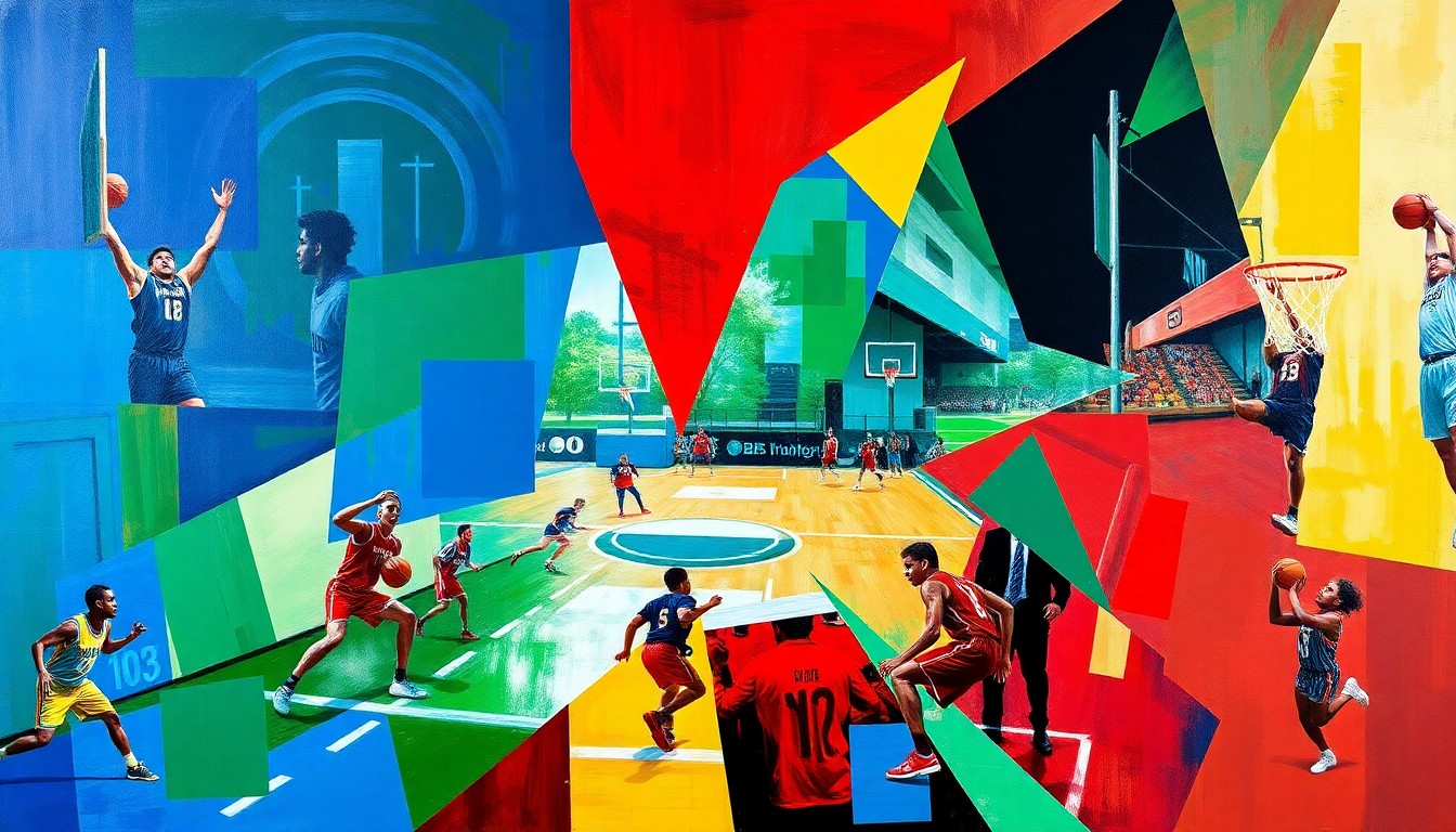A fragmented, geometric painting in bold colors depicting various high school sports scenes, conveying the excitement and athleticism of the region's top young competitors.