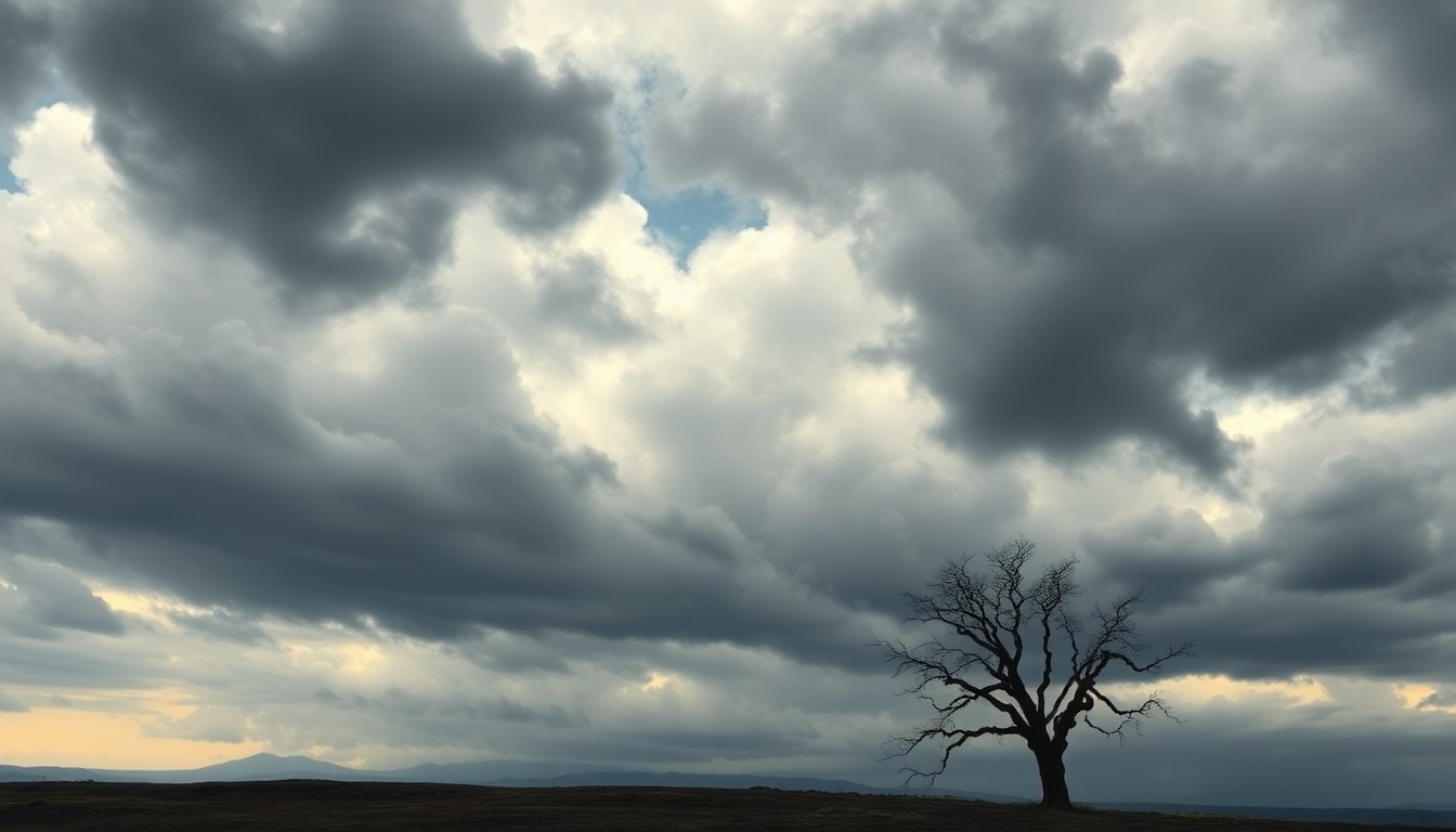 A moody, atmospheric landscape painting featuring a lone bare tree silhouetted against an ominous, cloudy sky, conveying the impending arrival of an unpredictable spring storm.