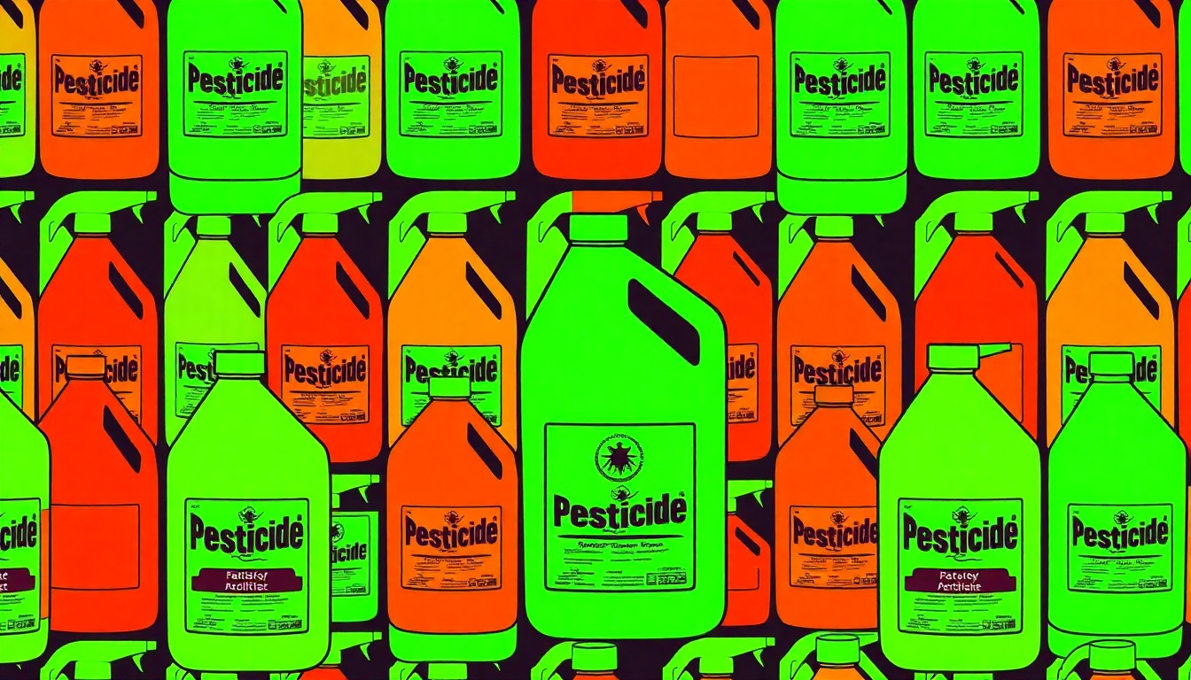 A brightly colored, high-contrast silkscreen print of a single, iconic pesticide product repeated in a tight grid pattern, utilizing flat, vibrant, and unnatural neon color palettes overlapping with heavy black photographic outlines to turn an everyday consumer item into modern pop art.