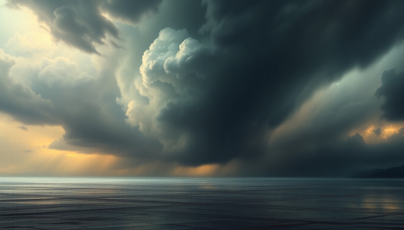 A dramatic landscape painting depicting a vast, stormy sky filled with dark, swirling clouds over a flat, flooded coastal plain, conveying the overwhelming power of an approaching severe thunderstorm.