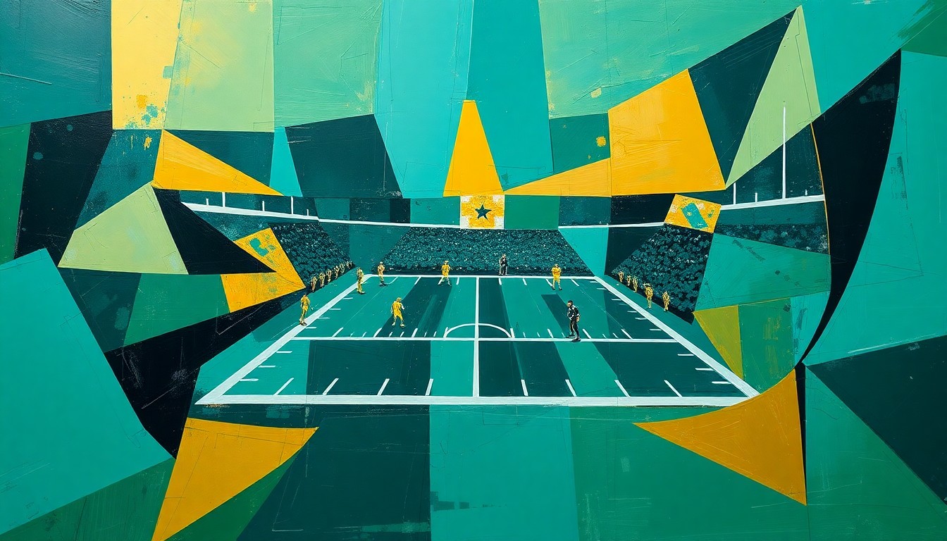 A fractured, cubist-style painting depicting a football game, with sharp geometric shapes in teal, gold, and black representing the dynamic action on the field.