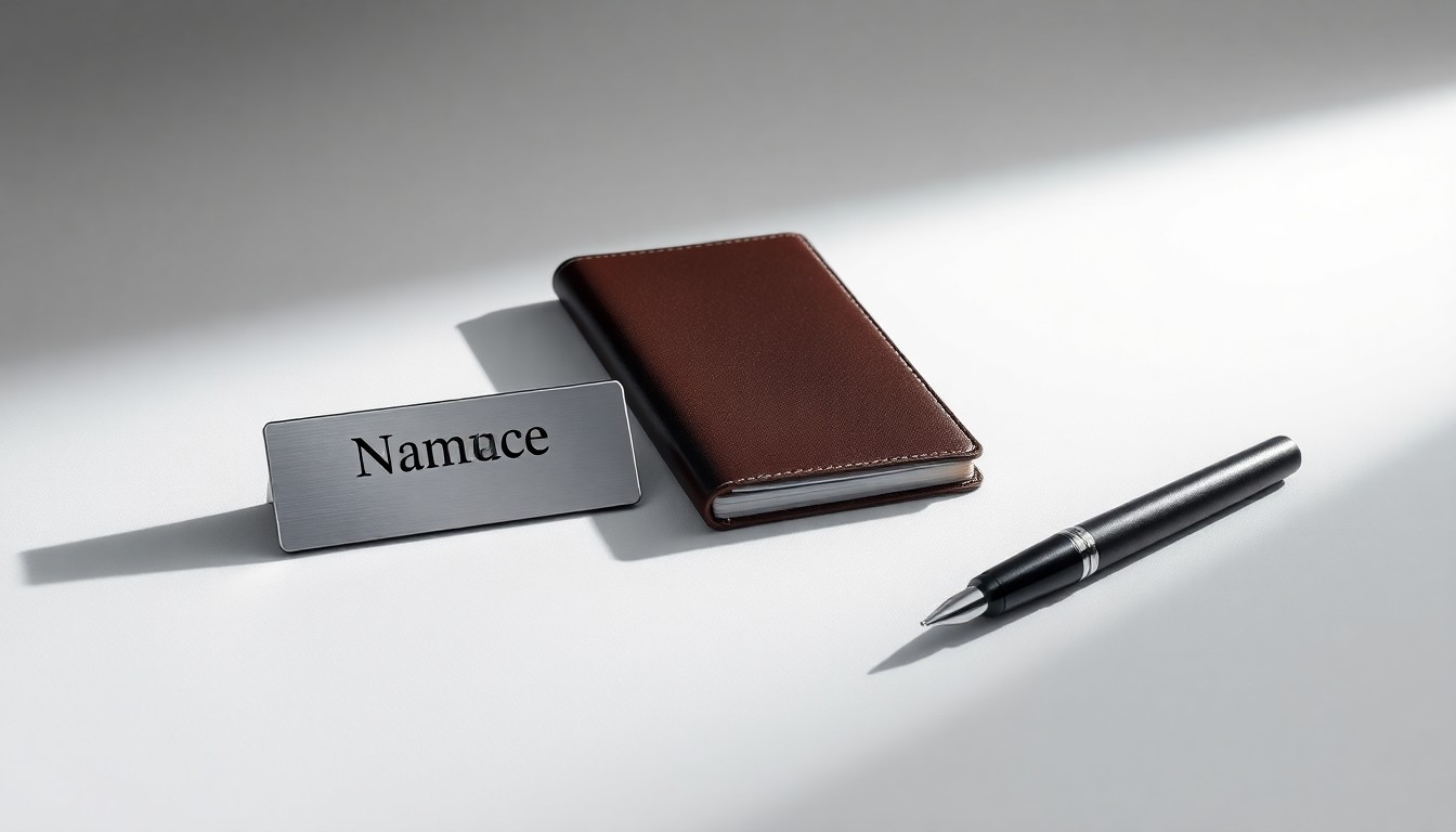 A minimalist studio still life featuring a polished metal nameplate, a leather-bound notebook, and a sleek fountain pen, conceptually representing the career advancements and professional growth highlighted in this business news story.
