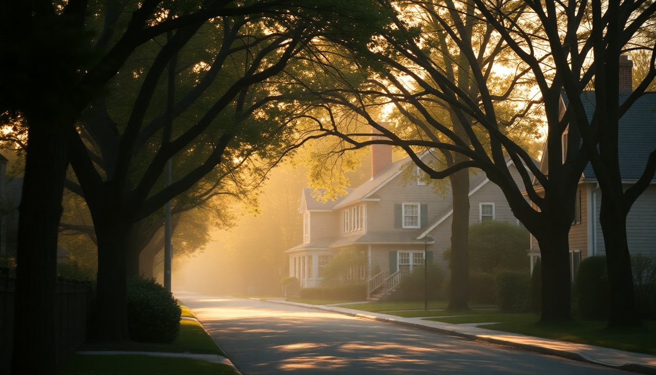 A softly focused, warm-toned photograph of a cozy, tree-lined residential street, with the faint outline of a charming Cape Cod-style home in the background, bathed in a hazy, dreamlike glow that evokes a sense of timeless serenity.
