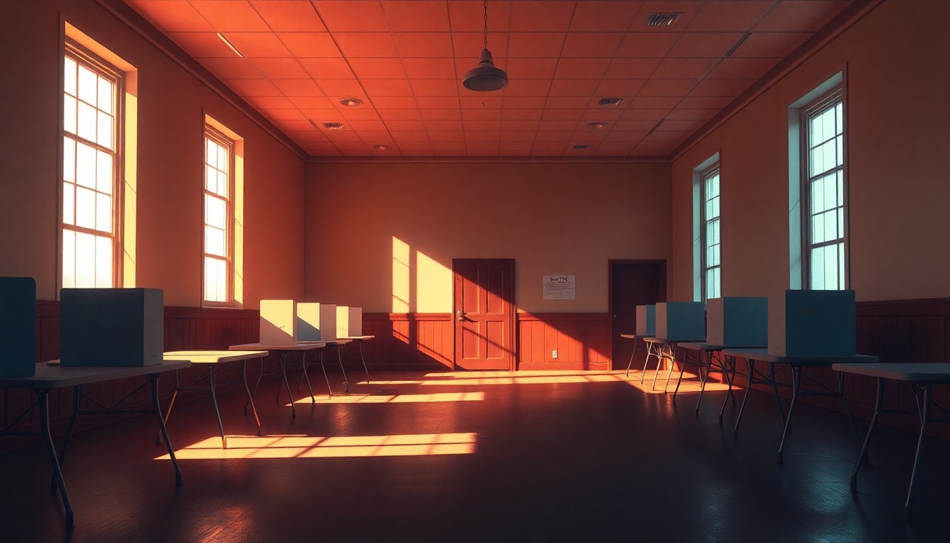 A dimly lit, cinematic interior scene of an empty polling station, with warm sunlight streaming through the windows and casting deep shadows across the room, conveying a sense of civic duty and the quiet significance of the voting process.