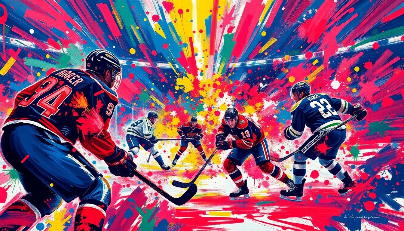 An abstract, energetic painting featuring bold, neon-colored brushstrokes that capture the fast-paced action and emotion of a professional hockey playoff game.