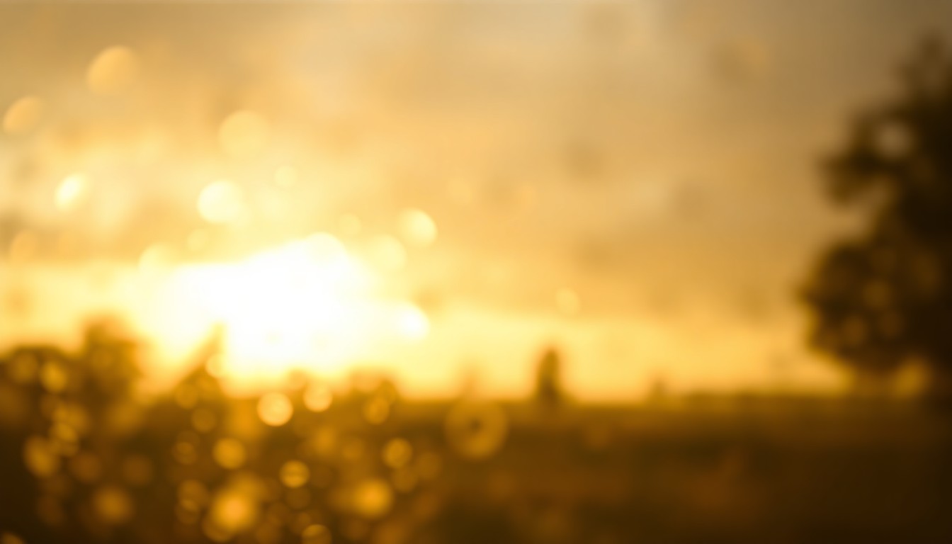 An abstract, impressionistic scene of a blurred golf course landscape, with soft pools of warm light and color, conveying a sense of tranquility and escape.