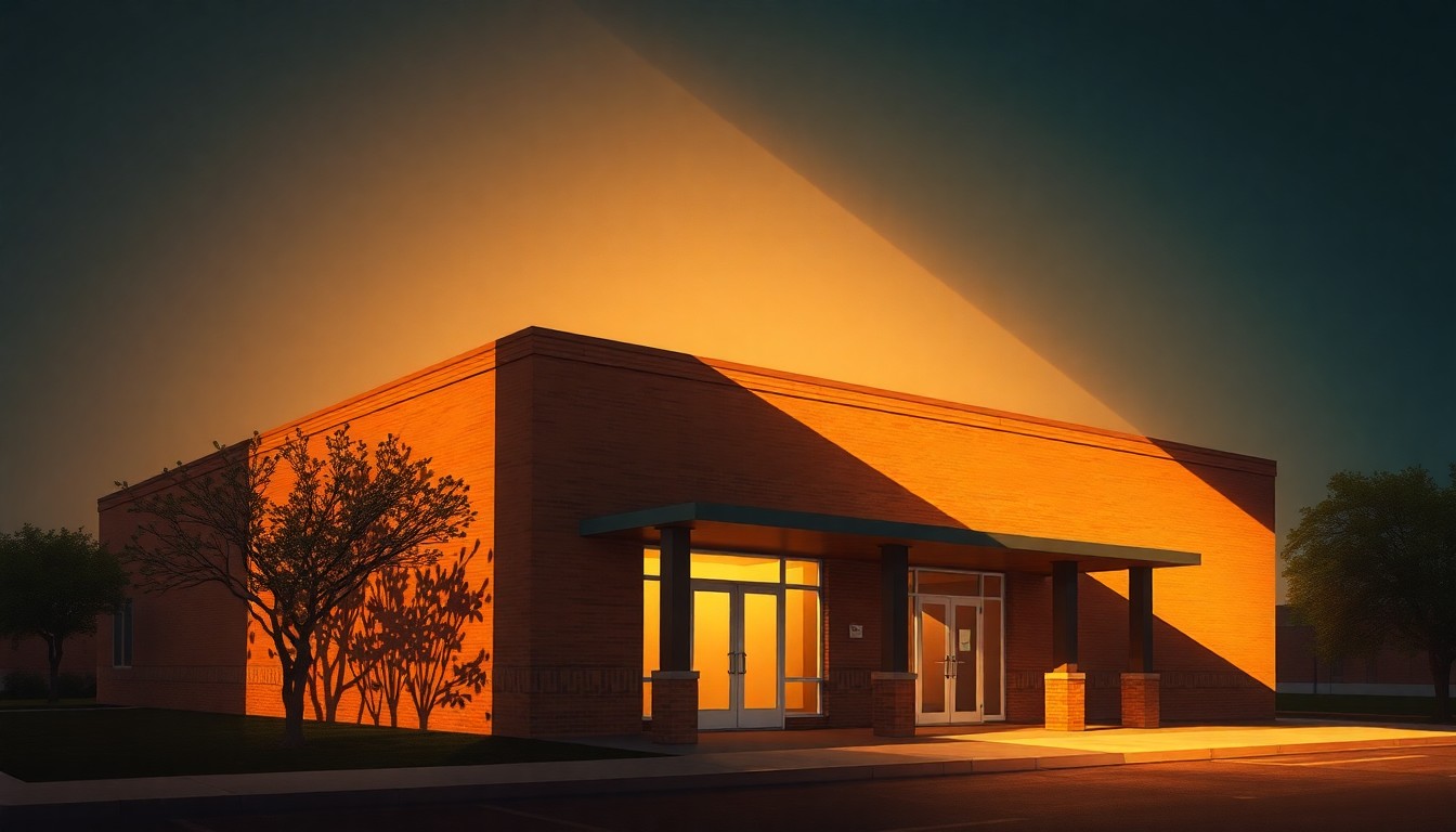 A nostalgic, cinematic painting of a public library building in warm sunlight and deep shadows, conceptually representing a civic event where community members can engage with political candidates.