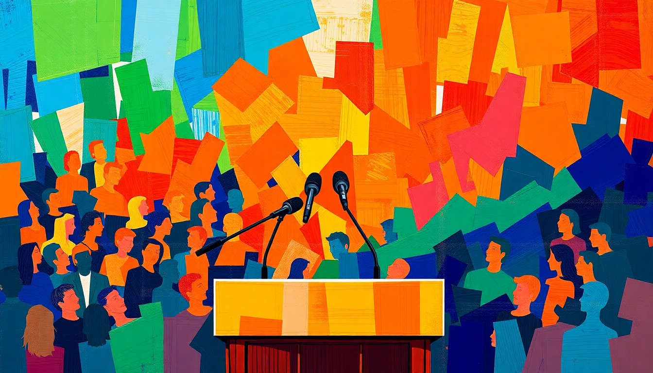 A dynamic, fragmented painting depicting a political podium and crowd in a riot of overlapping, geometric color shapes, conveying the tension and energy of the contentious debate at the Michigan Democratic convention.