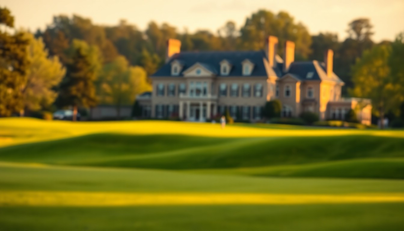 An extremely abstracted, out-of-focus photograph of a residential home nestled among a verdant golf course, with the scene captured in soft pools of warm, golden light.