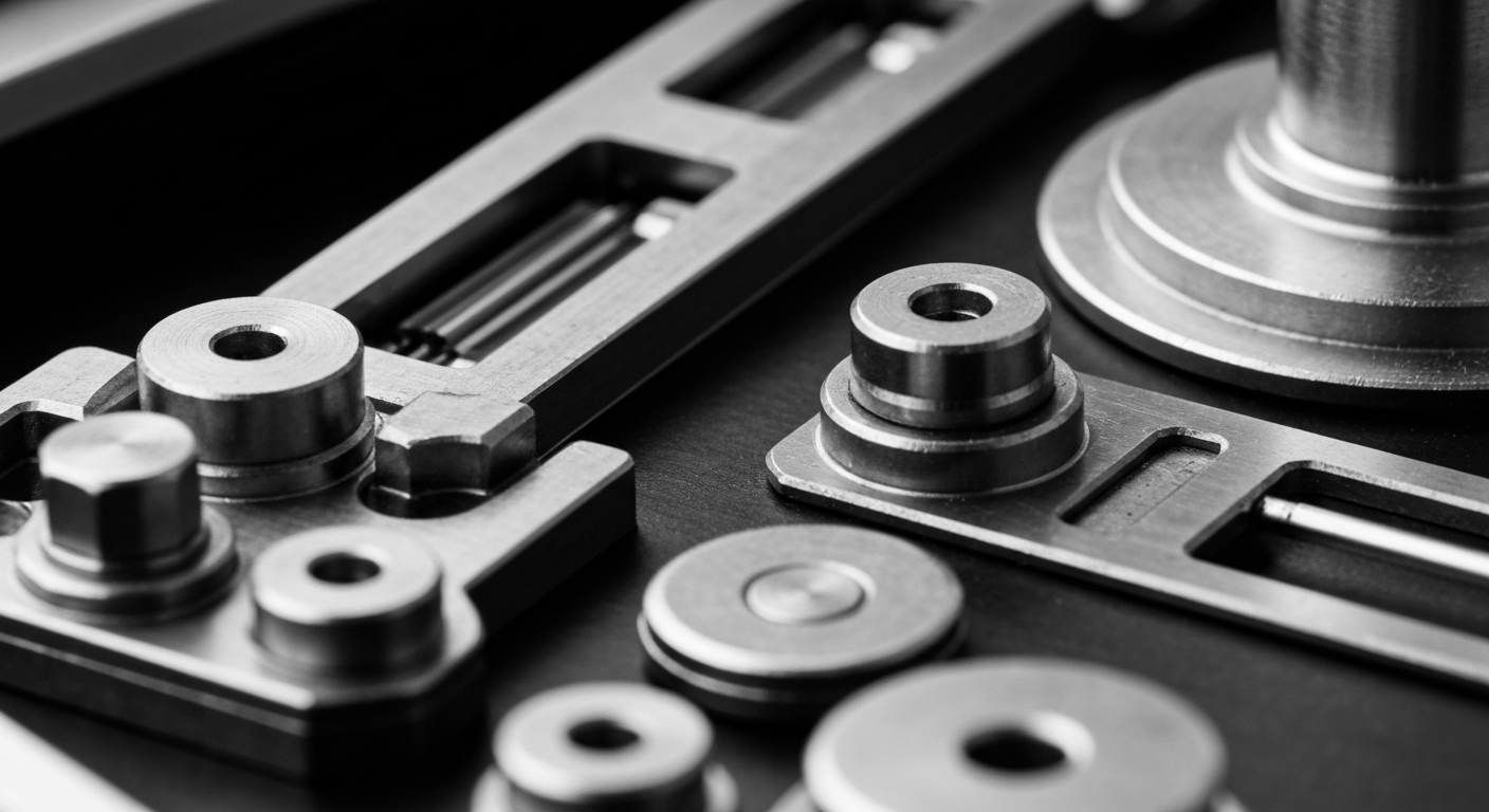 A high-contrast black and white macro photograph of intricate, precision-engineered glass and metal components used in Corning's electronics manufacturing, conveying the company's technical expertise and industrial capabilities.