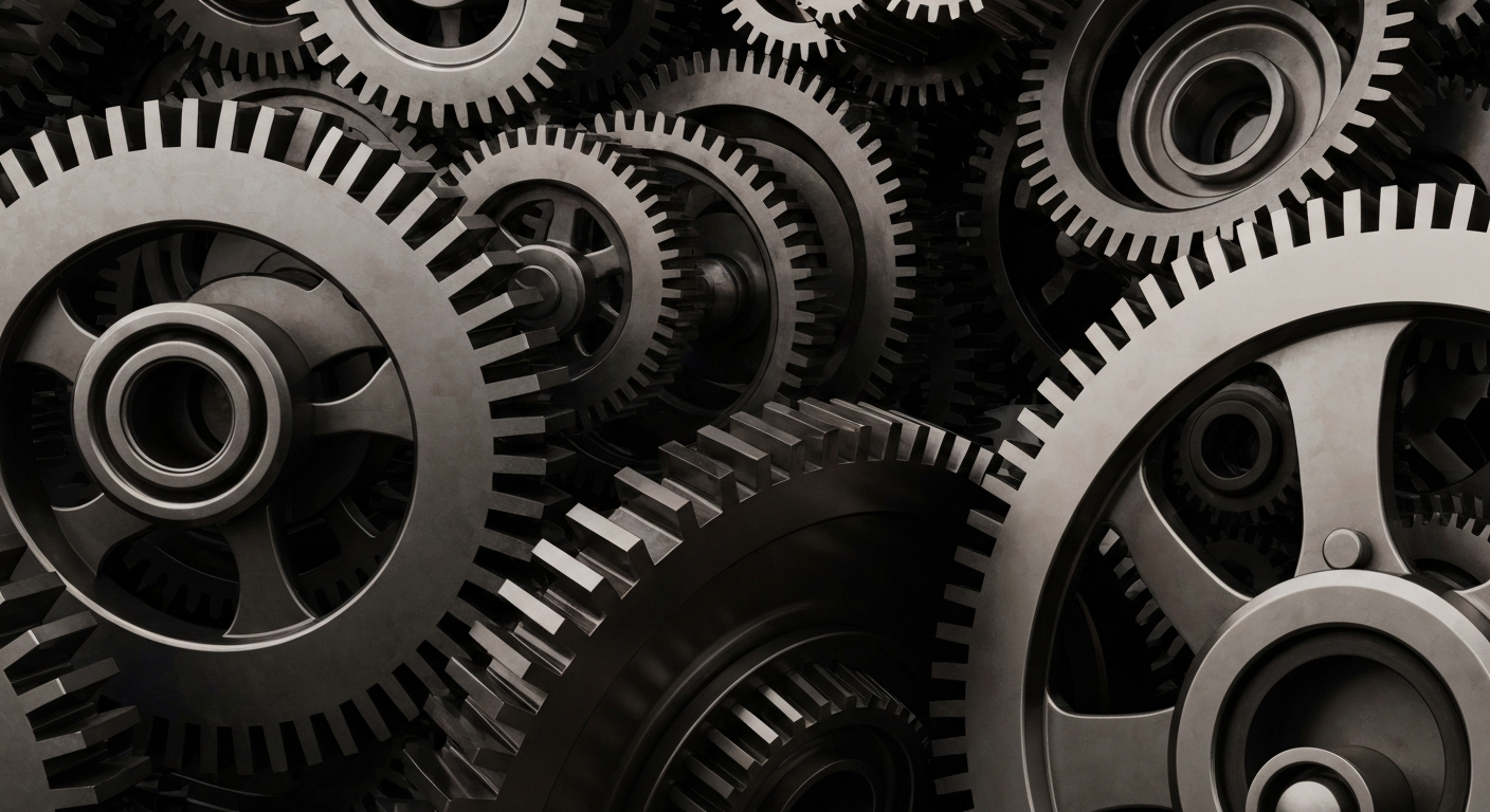 A highly detailed, cinematic close-up image of heavy, industrial machinery in shades of steel, bronze, and black, conveying the complex financial infrastructure behind a major global brand without using any text or identifiable elements.