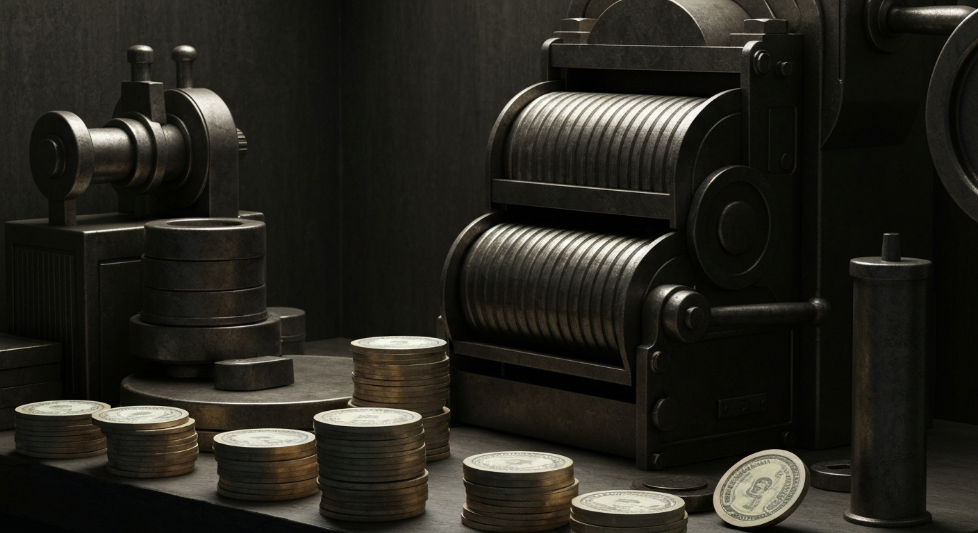 An extreme close-up of various metal gears, levers, and mechanisms, representing the intricate infrastructure of the banking industry.