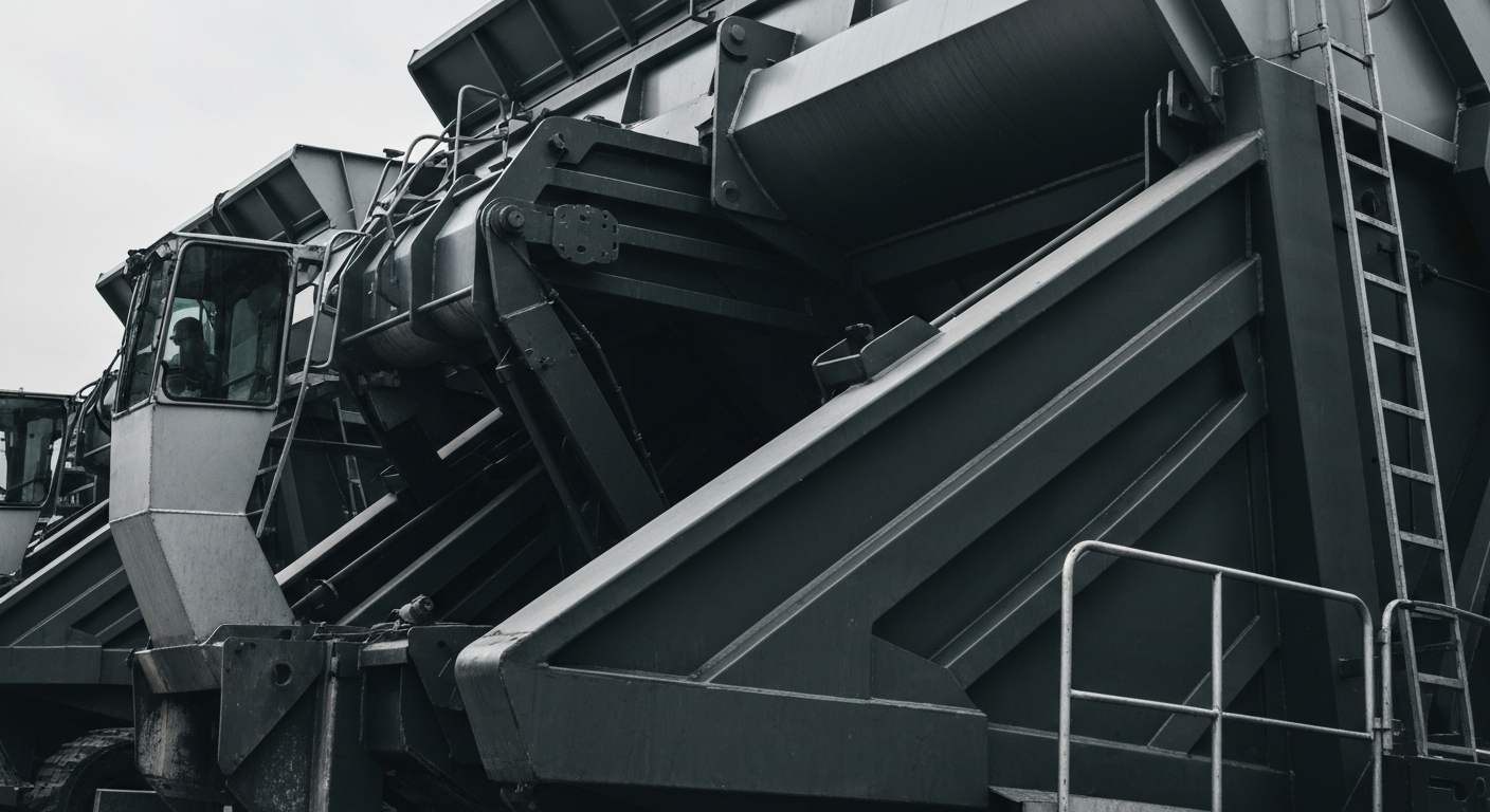 An extreme close-up of large, metallic waste management equipment in shades of grey, black, and silver, conveying the physical, mechanical nature of the industry without using any text or identifiable elements.