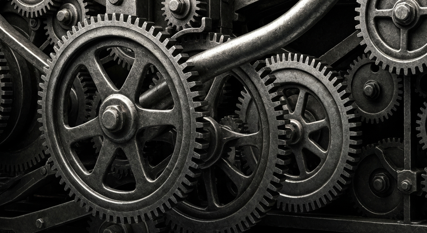 A highly detailed, cinematic close-up of the heavy, industrial components that make up the financial infrastructure of the healthcare system, conveying the tangible, mechanical nature of the industry's economic forces.