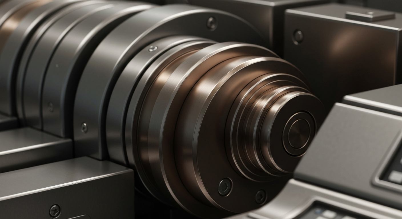 An extreme close-up of gleaming, industrial-scale banking equipment and machinery, conveying the secure, institutional nature of Sempra Energy's diversified energy businesses.